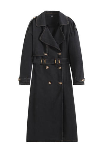 Chic Non-Stretch Denim Long Jacket with Belt and Sophisticated Suit Collar
