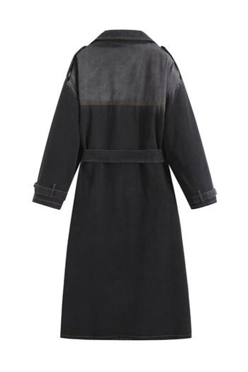 Chic Non-Stretch Denim Long Jacket with Belt and Sophisticated Suit Collar