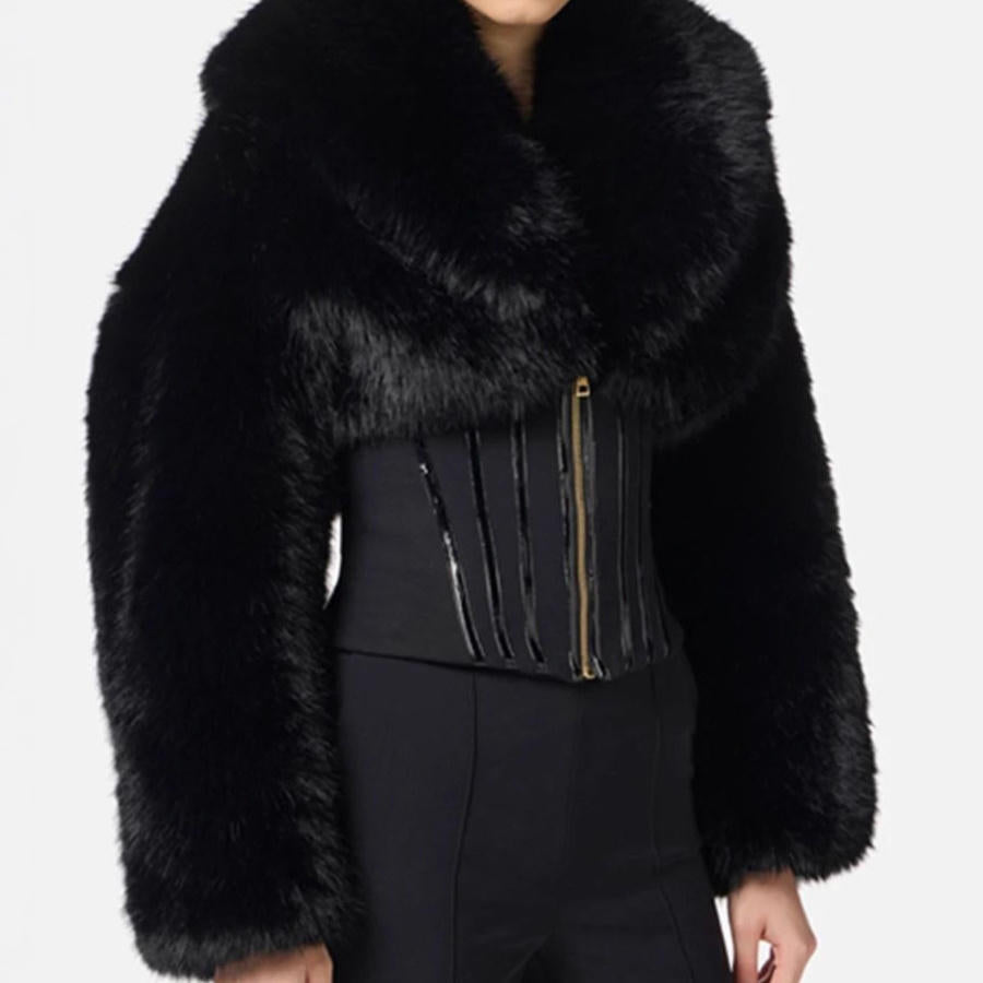 Women's Black Luxe Faux Fur Cropped Jacket with Hood and Gold-Zip Details