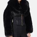 Women's Black Luxe Faux Fur Cropped Jacket with Hood and Gold-Zip Details