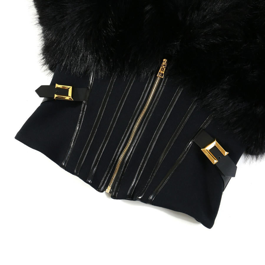 Women's Black Luxe Faux Fur Cropped Jacket with Hood and Gold-Zip Details
