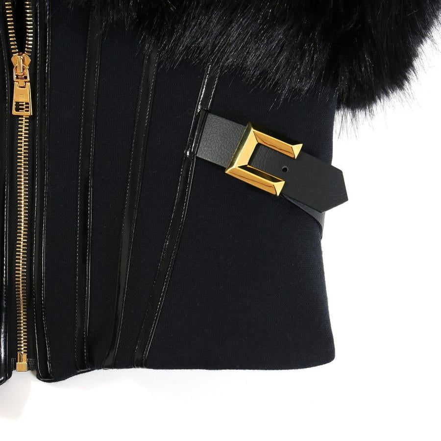 Women's Black Luxe Faux Fur Cropped Jacket with Hood and Gold-Zip Details