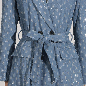 Chic Women's Non-Stretch Denim Sequin Long Outerwear Coat with Adjustable Belt
