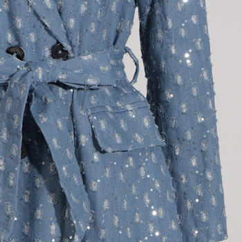 Chic Women's Non-Stretch Denim Sequin Long Outerwear Coat with Adjustable Belt
