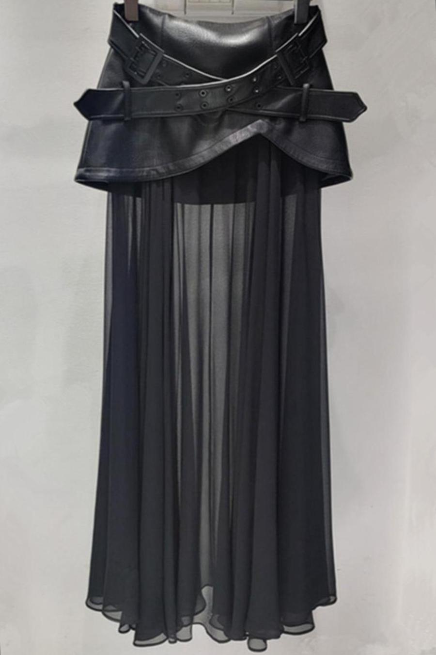 After Dark Belted Faux Leather & Mesh Midi Skirt