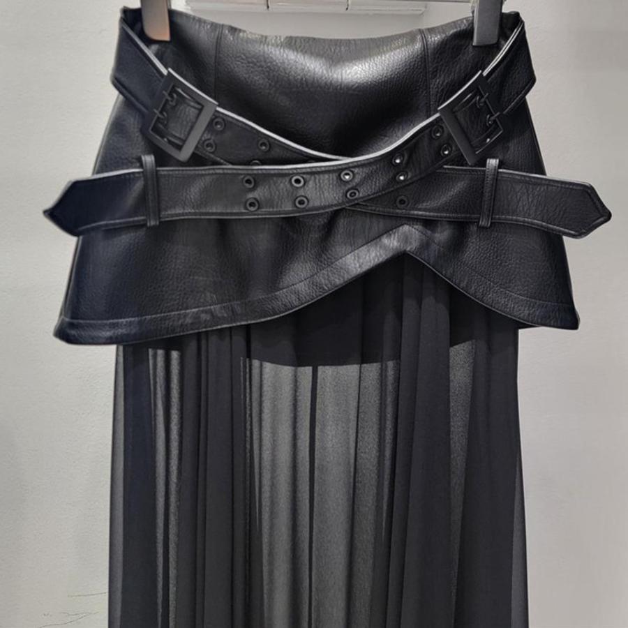 After Dark Belted Faux Leather & Mesh Midi Skirt