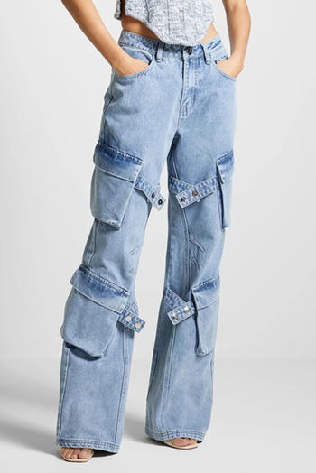 Stylish Retro High-Waisted Straight Leg Jeans with Slight Stretch and Cargo Pockets
