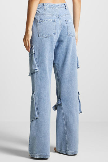 Stylish Retro High-Waisted Straight Leg Jeans with Slight Stretch and Cargo Pockets