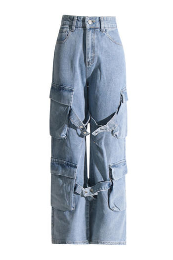 Stylish Retro High-Waisted Straight Leg Jeans with Slight Stretch and Cargo Pockets