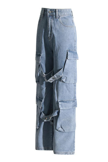 Stylish Retro High-Waisted Straight Leg Jeans with Slight Stretch and Cargo Pockets