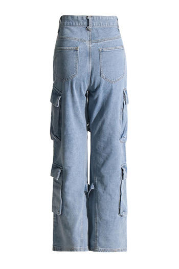 Stylish Retro High-Waisted Straight Leg Jeans with Slight Stretch and Cargo Pockets