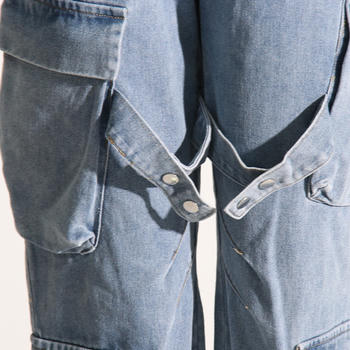 Stylish Retro High-Waisted Straight Leg Jeans with Slight Stretch and Cargo Pockets