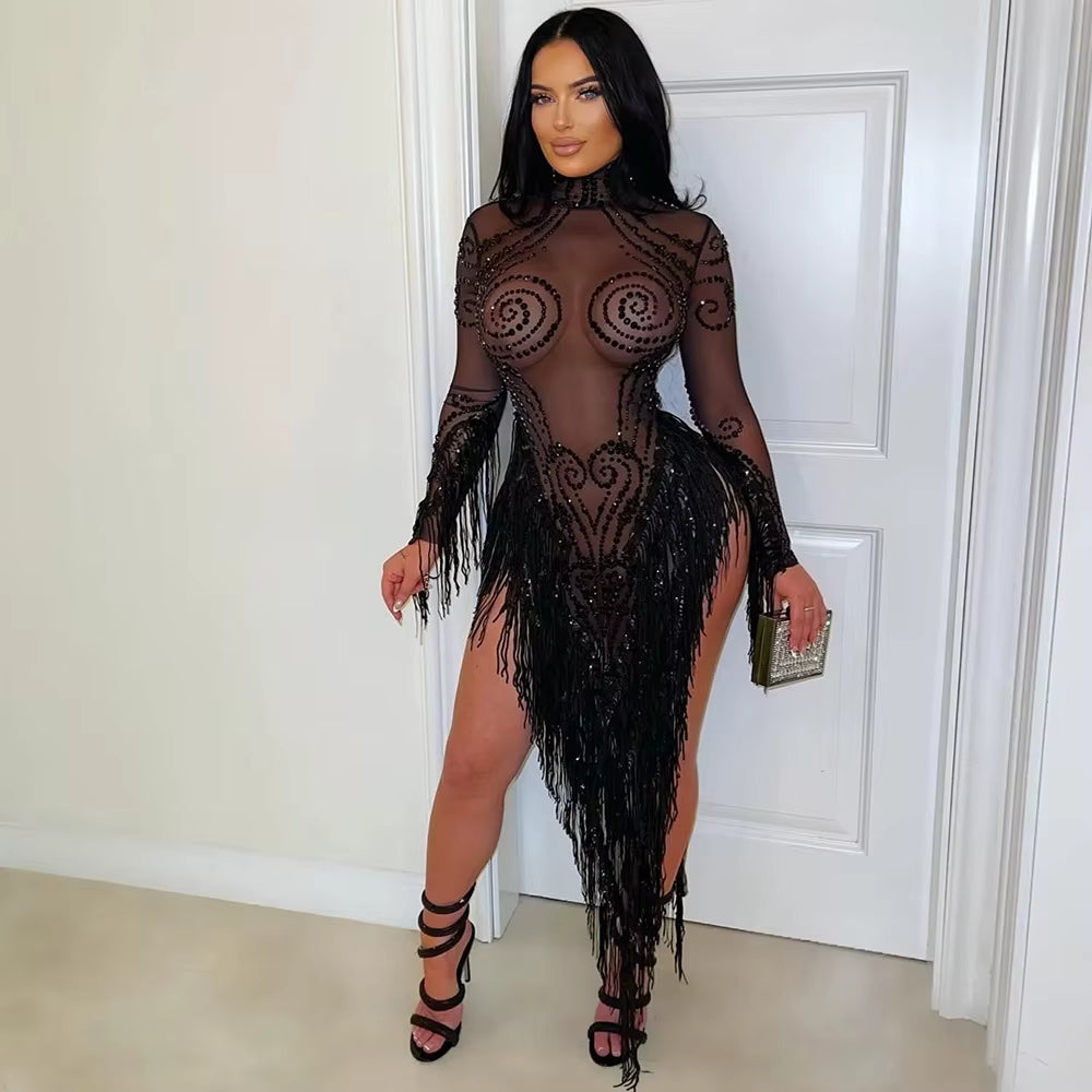 Temptress Sheer Embellished Fringe Mini Dress