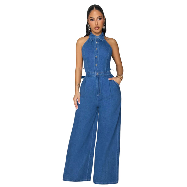 Glam Hour Halter Denim Jumpsuit