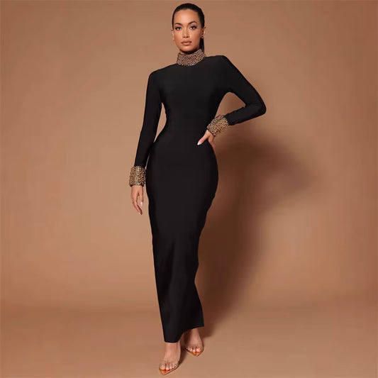 High Neck Gold Pearl Decor Backless Maxi Dress image 3