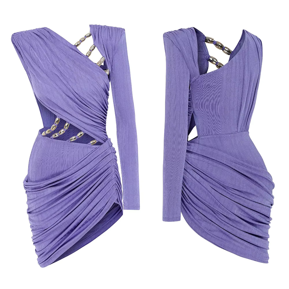 Lavender Beaded Hollow-Out Asymmetrical Mini Dress
