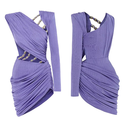 Lavender Beaded Hollow-Out Asymmetrical Mini Dress