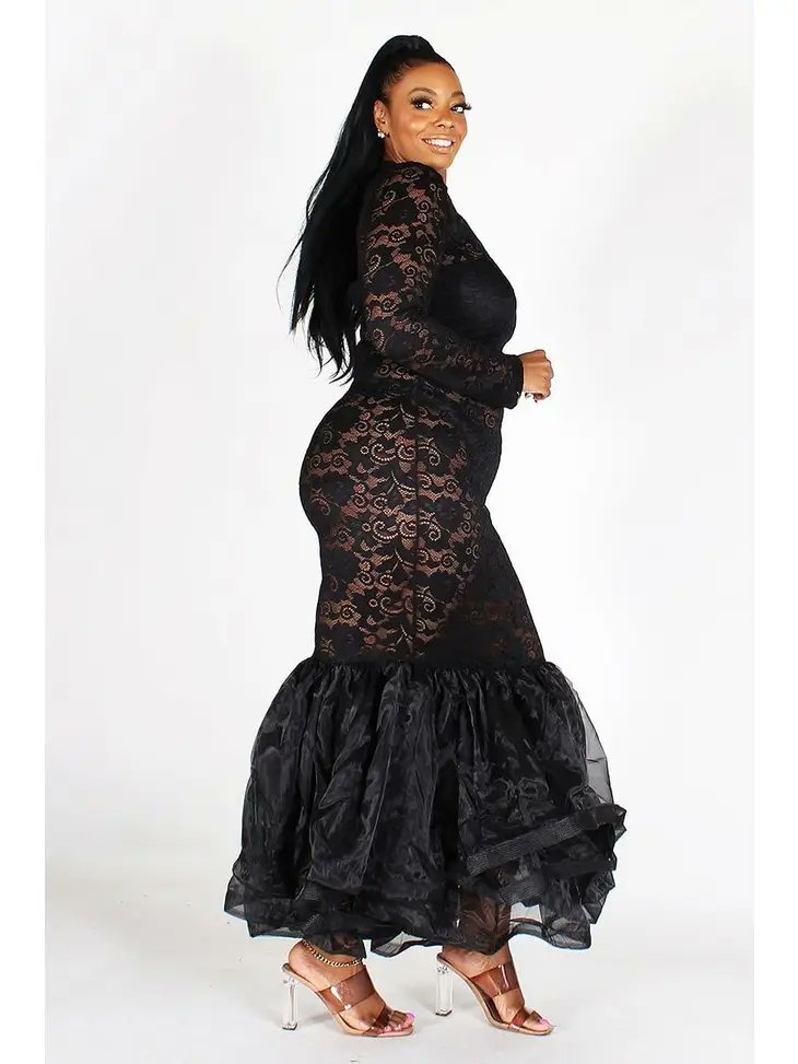 Plus Size Ruffle Fishtail Lacy Maxi Dress