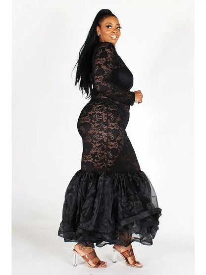 Plus Size Ruffle Fishtail Lacy Maxi Dress