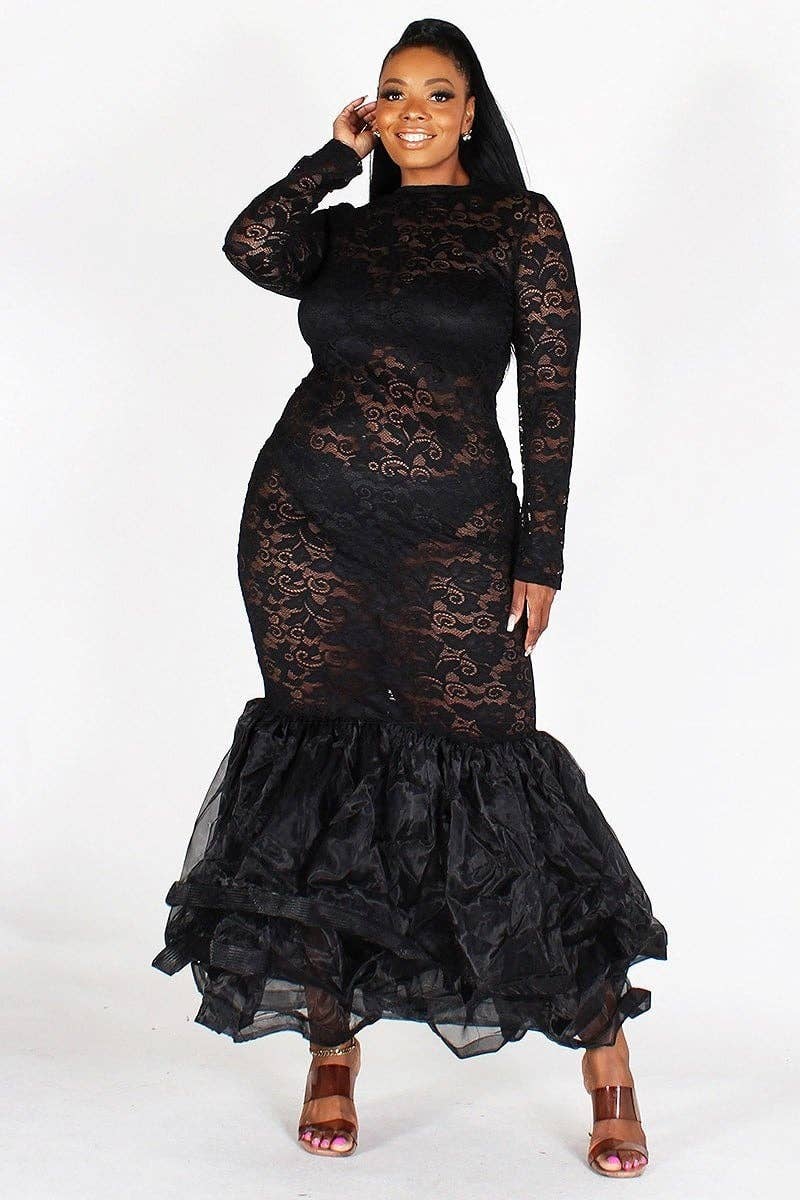 Plus Size Ruffle Fishtail Lacy Maxi Dress