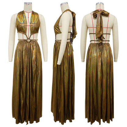 Golden Goddess Metallic Cutout Maxi Dress
