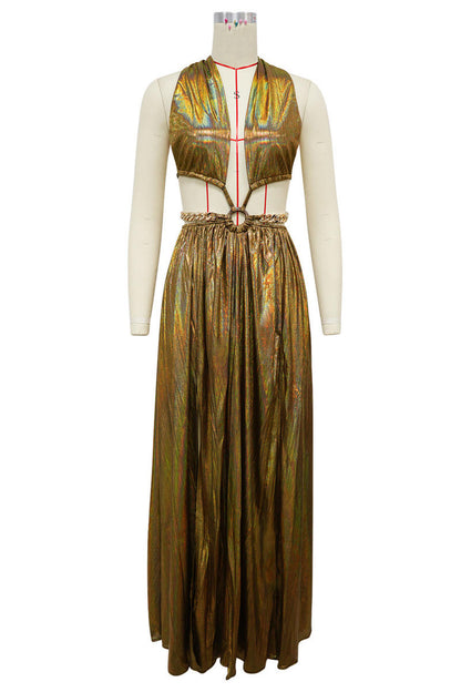 Golden Goddess Metallic Cutout Maxi Dress