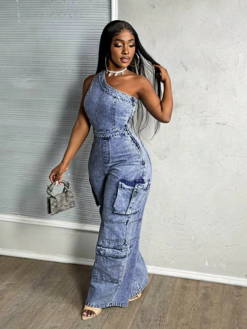 One-Shoulder Cargo Denim Jumpsuit