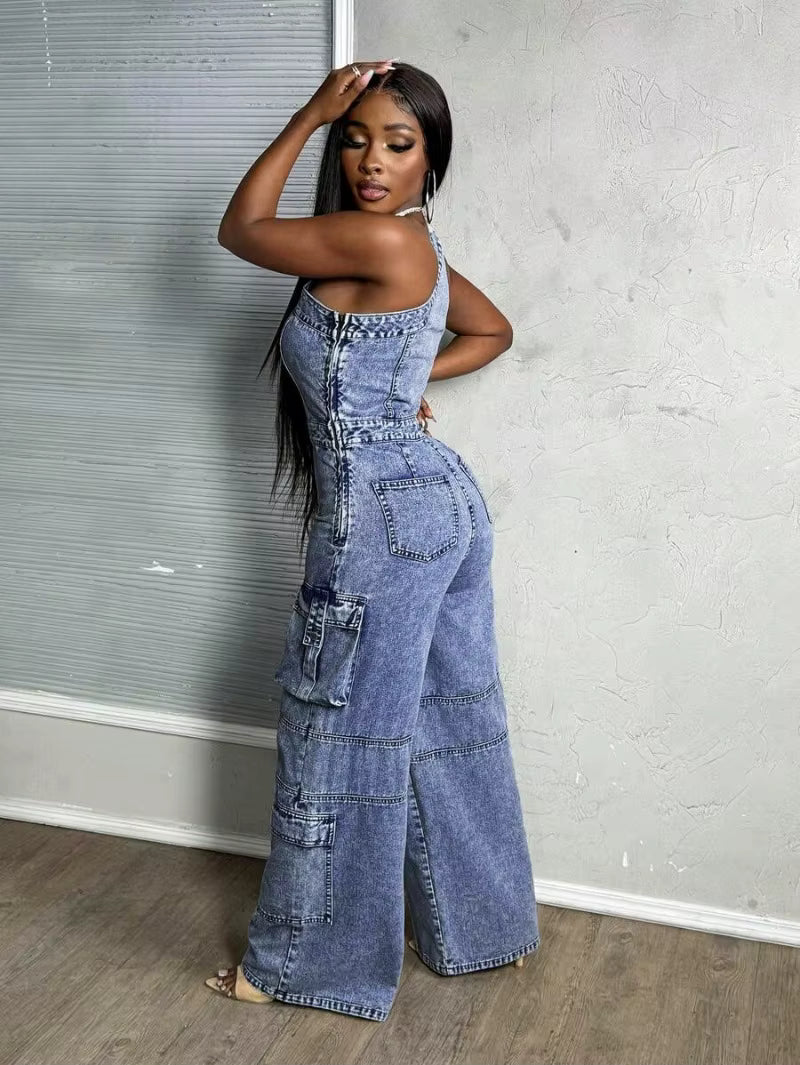 One-Shoulder Cargo Denim Jumpsuit