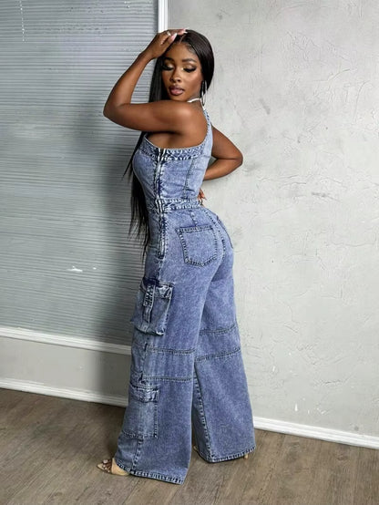 One-Shoulder Cargo Denim Jumpsuit