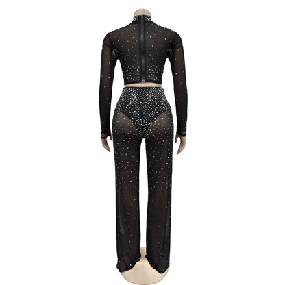 Photo Op Sheer Rhinestone Crop Top and Pants Set