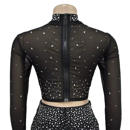 Photo Op Sheer Rhinestone Crop Top and Pants Set