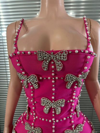 Rhinestone Bows and Pearls Mini Dress