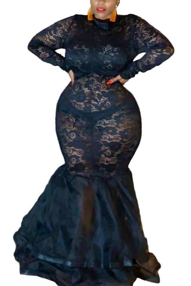 Lace Mermaid Ruffle Hem Maxi Dress