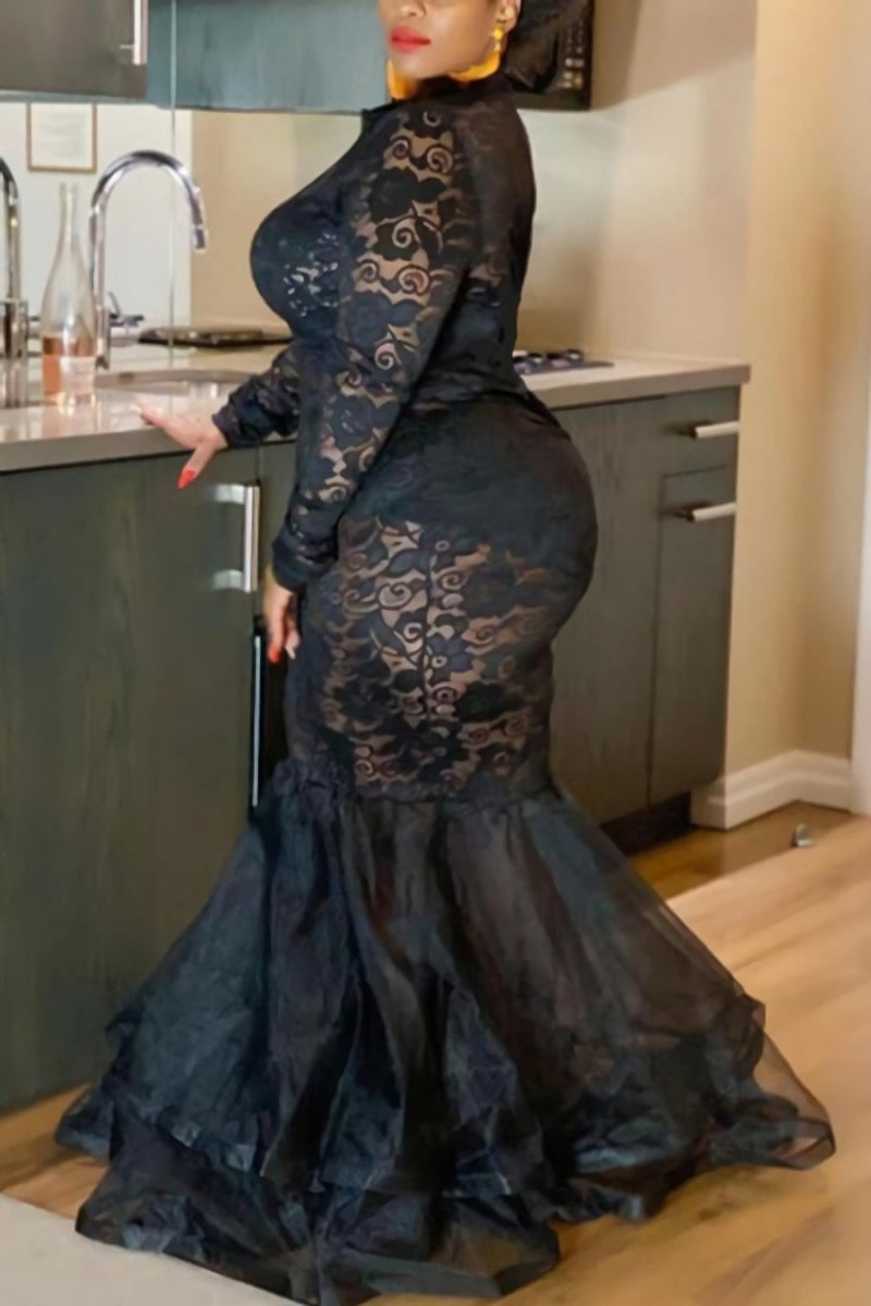 Lace Mermaid Ruffle Hem Maxi Dress
