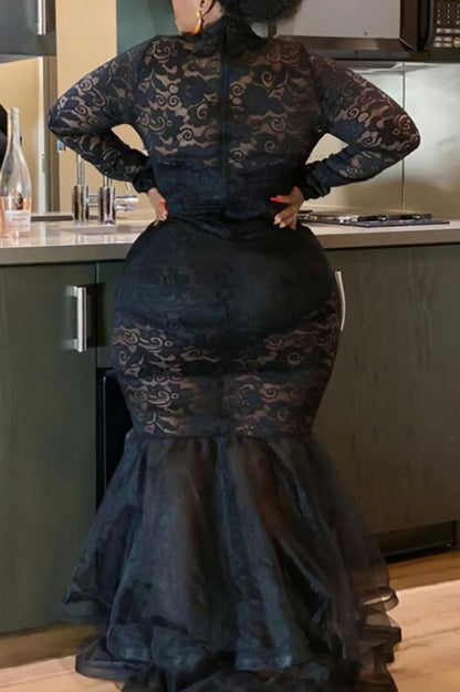 Lace Mermaid Ruffle Hem Maxi Dress