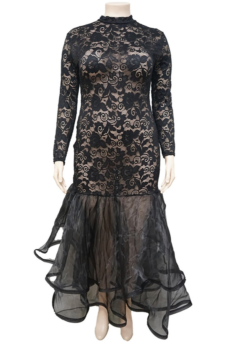 Lace Mermaid Ruffle Hem Maxi Dress