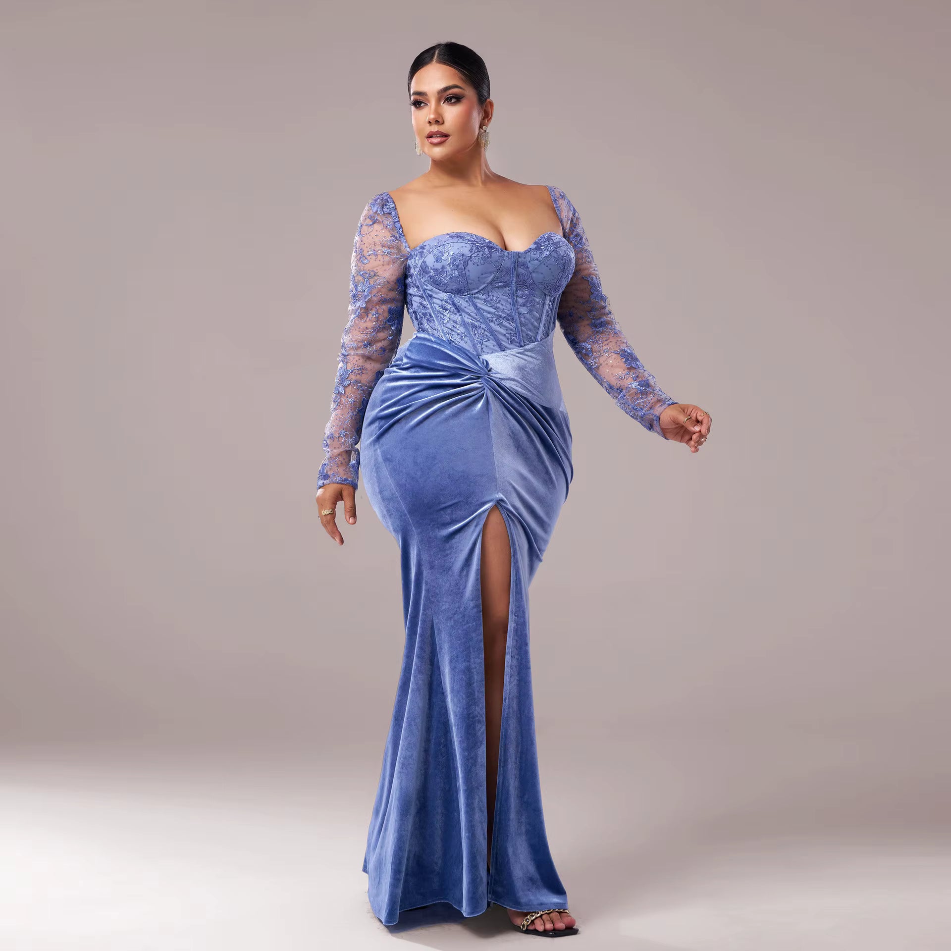 Plus size baby blue velvet maxi dress made from soft luxury velvet – side view 2