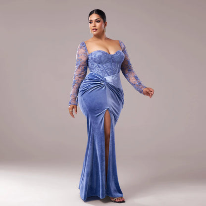 Plus size baby blue velvet maxi dress made from soft luxury velvet – side view 2