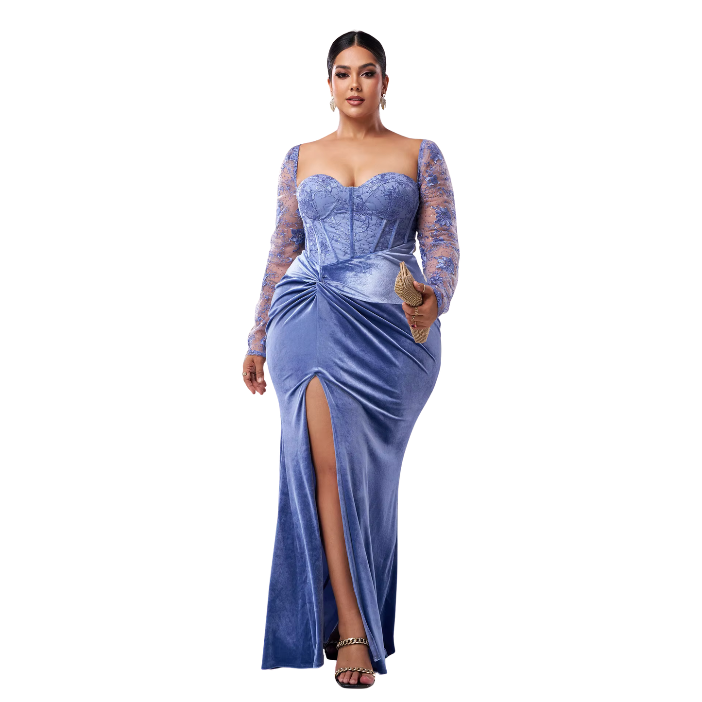 Woman wearing a blue evening gown with sheer sleeves on a white background