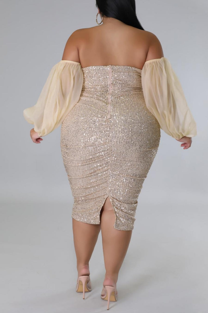 Plus Size Sequin Midi Dress with Sheer Off-the-Shoulder Sleeves
