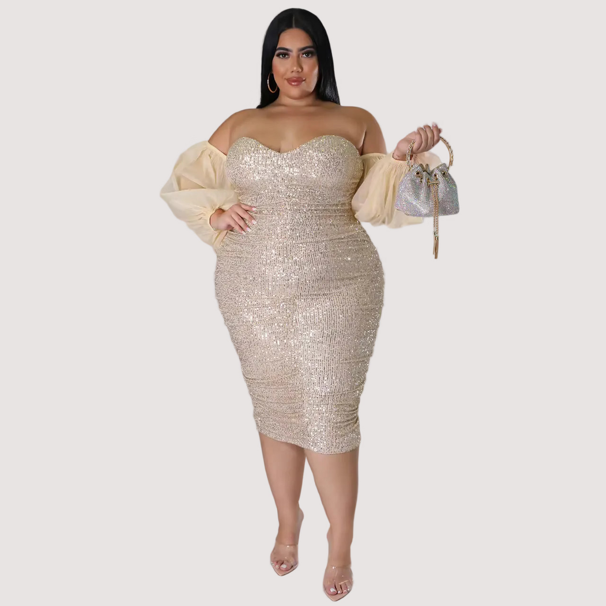 Plus Size Sequin Midi Dress with Sheer Off-the-Shoulder Sleeves