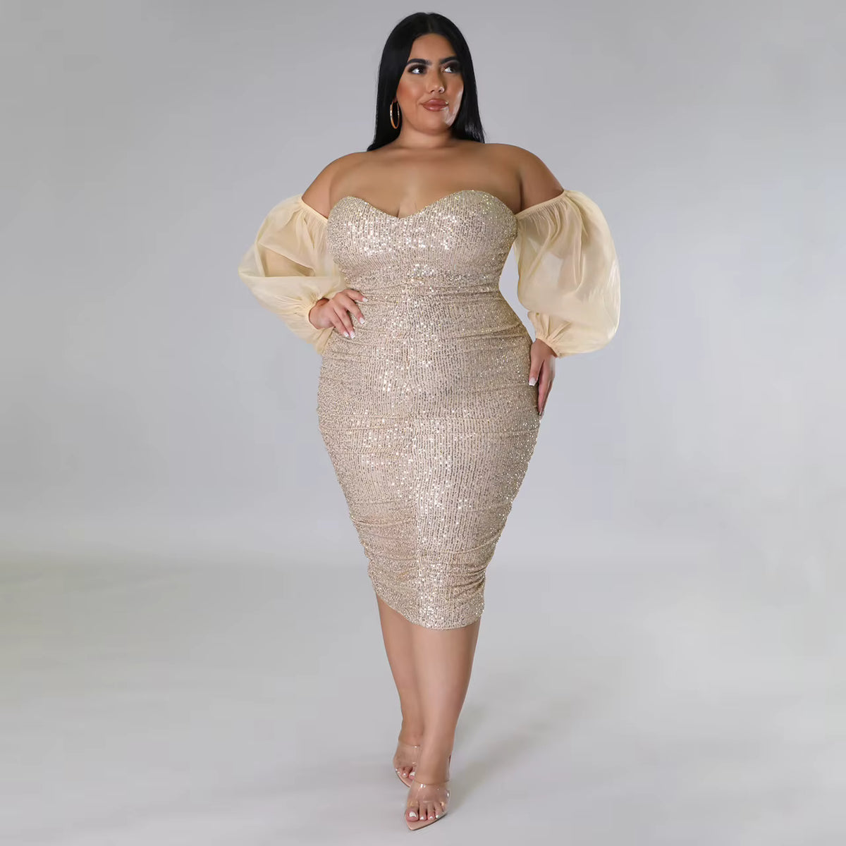 Plus Size Sequin Midi Dress with Sheer Off-the-Shoulder Sleeves