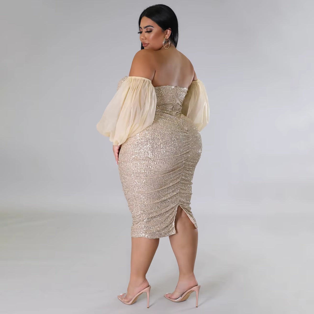 Plus Size Sequin Midi Dress with Sheer Off-the-Shoulder Sleeves