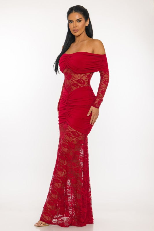 Off-the-Shoulder Shirred Lace Maxi Dress image 2