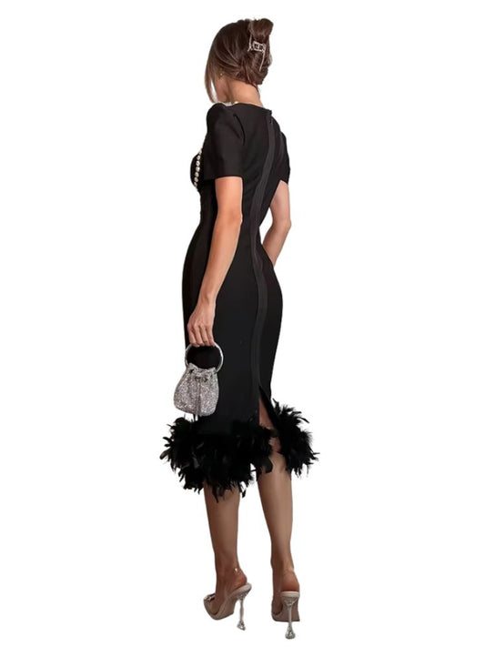 Rhinestone Bust Feather Hem Midi Dress image 2