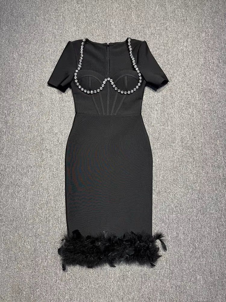 Rhinestone bust feather hem midi dress front view without model