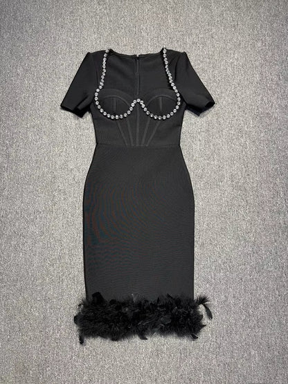 Rhinestone bust feather hem midi dress front view without model
