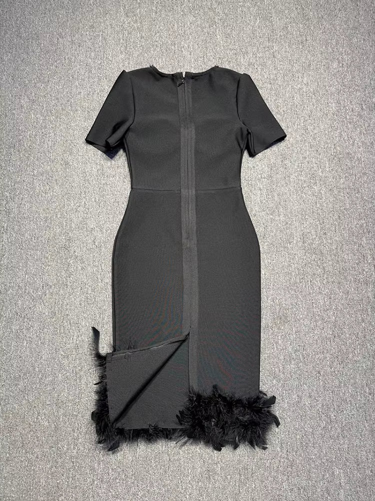 Rhinestone bust feather hem midi dress back view without model