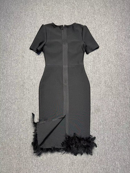 Rhinestone bust feather hem midi dress back view without model