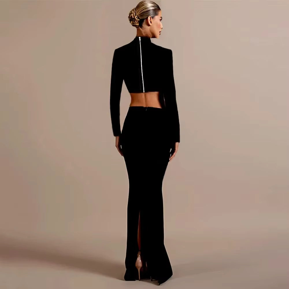 Rhinestone Stripe Crop Top High Slit Maxi Skirt Set